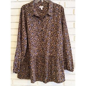LOGO by Lori Goldstein Stretch Woven Button Front Blouse Size XL Animal Floral